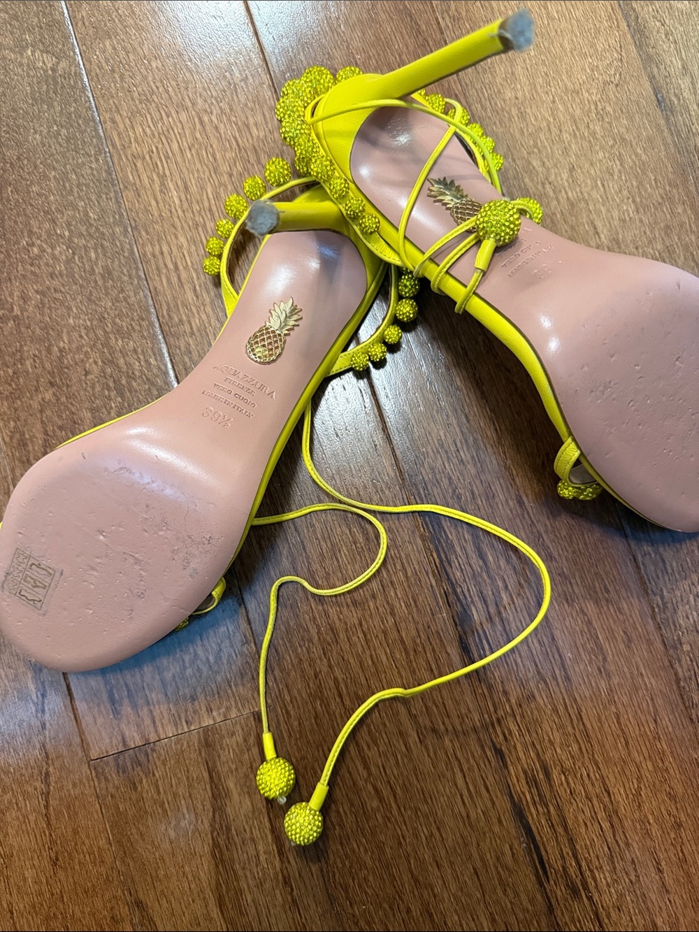 Aquazzura Yellow Pom-Pom Lace-Up Heels - Picture 5 of 7